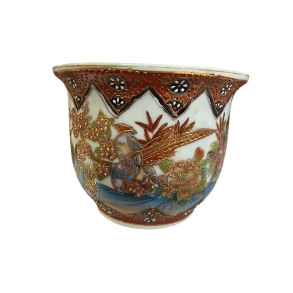 Vintage Chinese Porcelain Fish Bowl Planter Bird Jardiniere 22k Gold Gilt